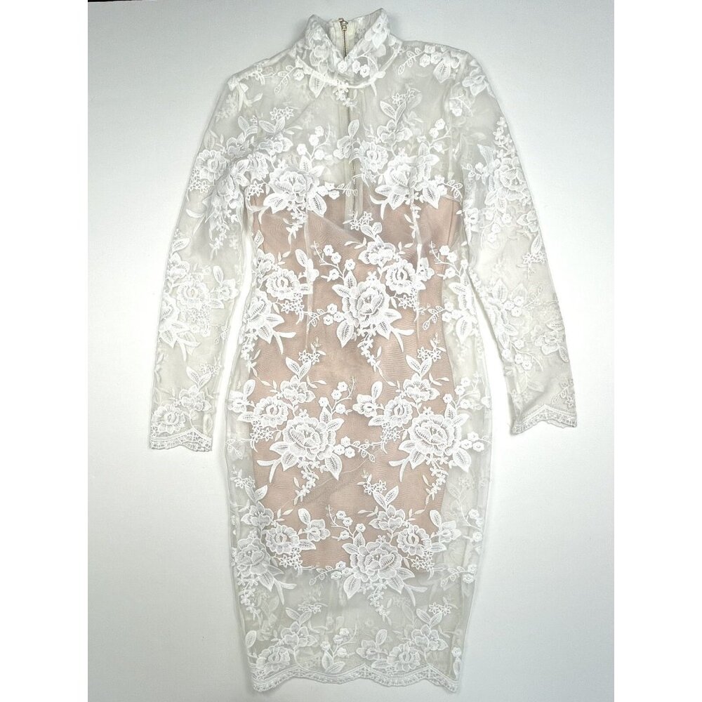 MY BANDAGE DRESS Womens MEDIUM White Lace Nude Lined Kali DRESS Prom Wedding EUC - Picture 3 of 10